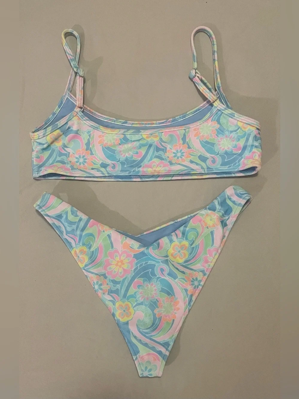 Frankie's Bikinis Pastel Floral Scoop Top & High-Cut Bottom in Blue, Pink, Mint